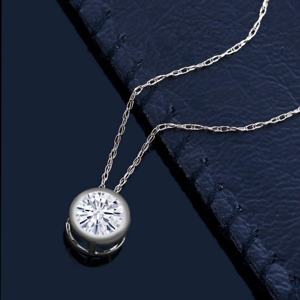 Certified 14k White Gold 1ct Diamond Bezel Solitaire Necklace Moissanite